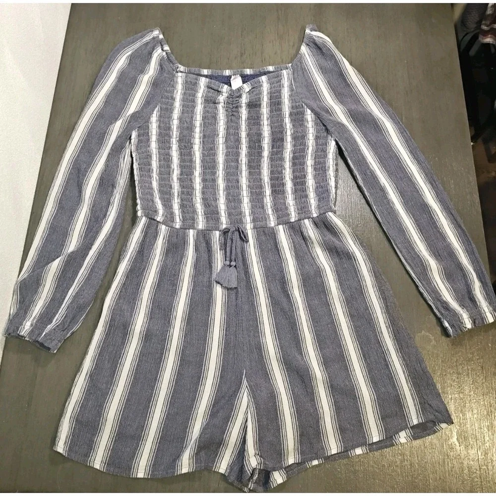 Justice Girls Size 14 Blue White Striped Long Sleeve Romper Smocked Bodice...